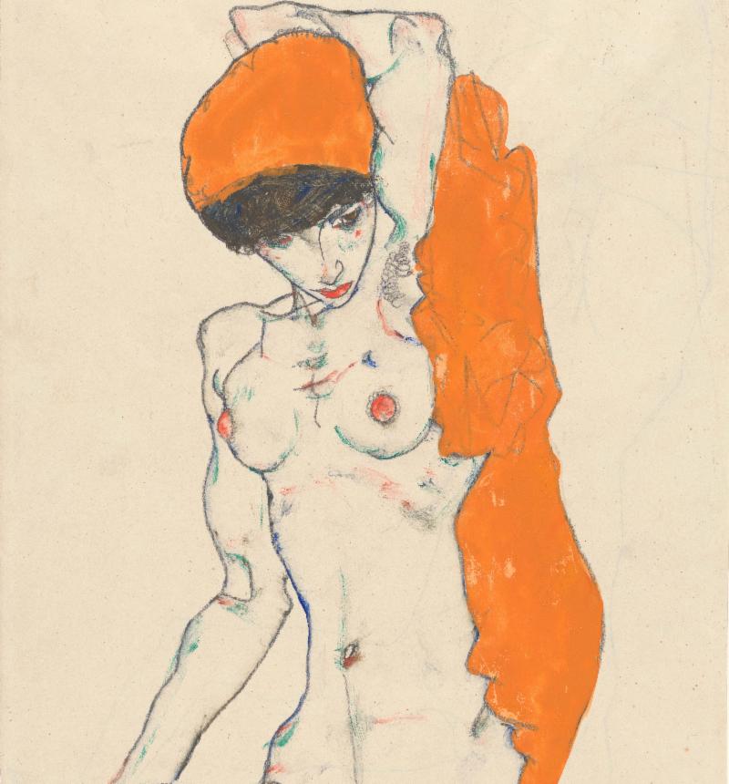 Egon Schiele, Standing Nude with Orange Drapery